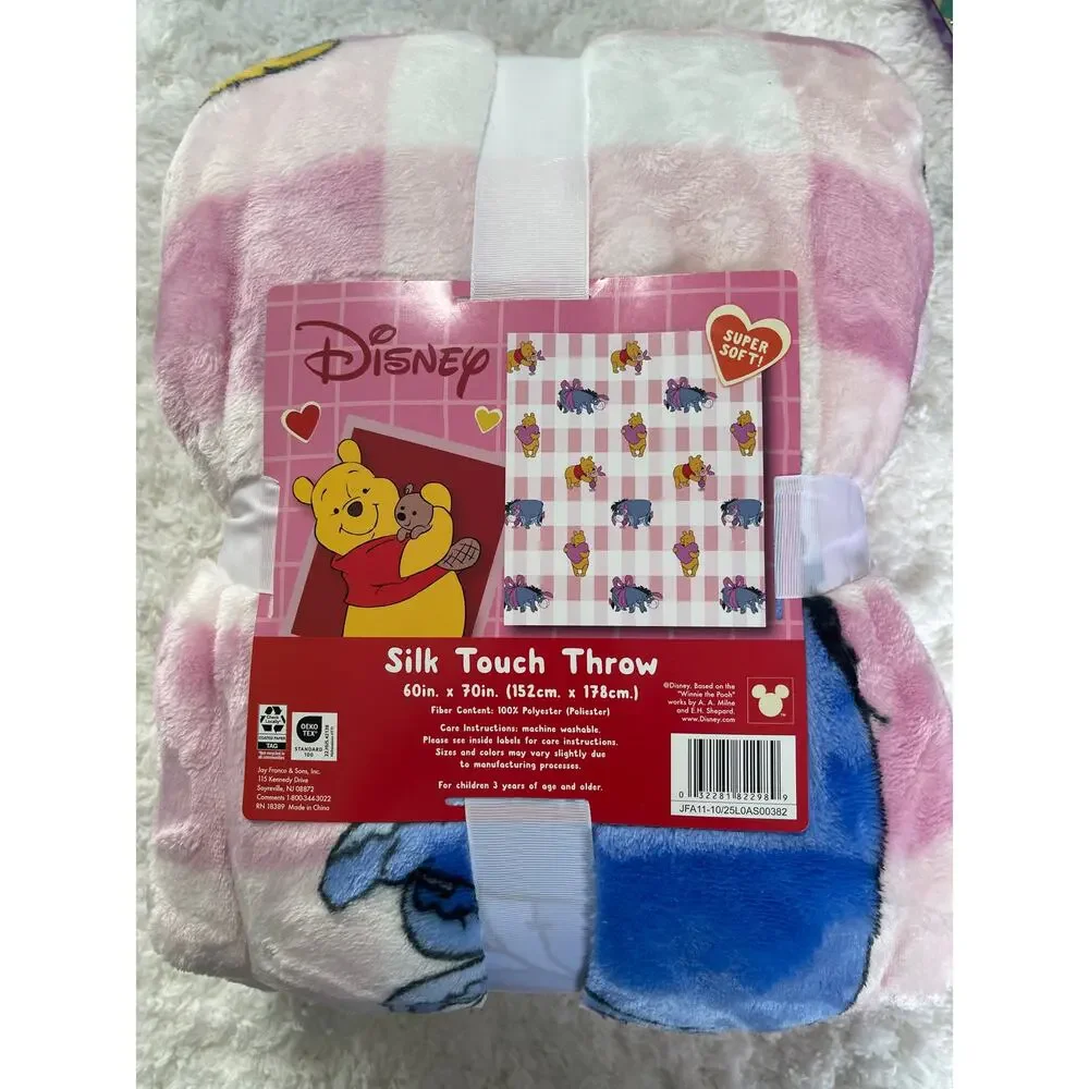 Disney Winnie the Pooh Eeyore Piglet Silk Touch Throw Blanket 60 x 70 Pink Heart